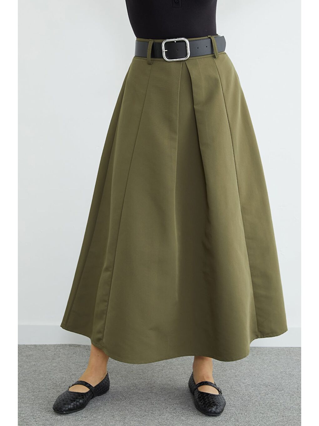 Yeşil Kemerli Pileli Maxi Boy Etek-1