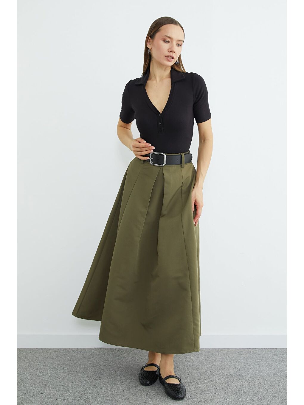 Yeşil Kemerli Pileli Maxi Boy Etek-2