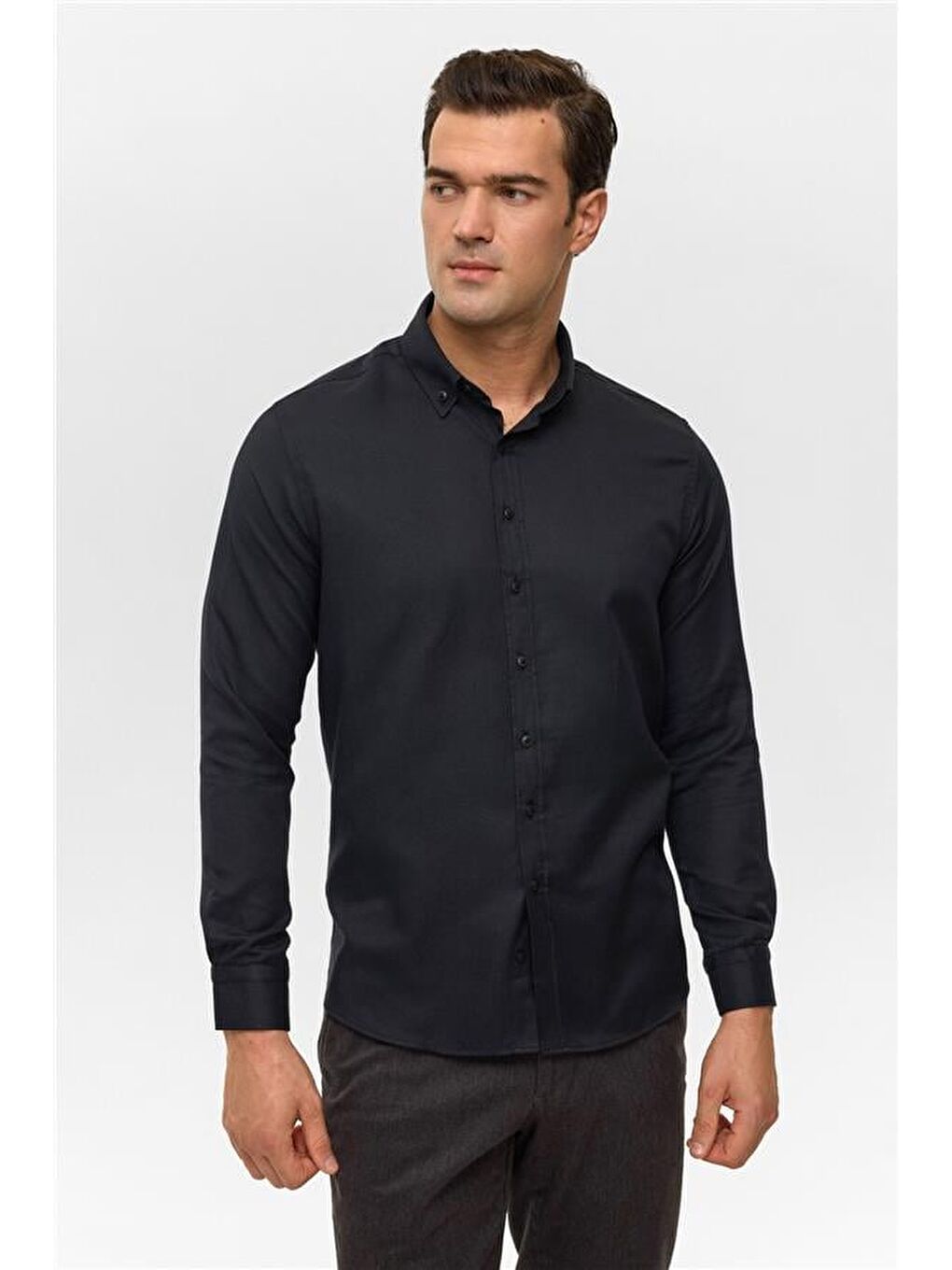 Siyah Slim Baskılı Düğmeli Yaka Gömlek