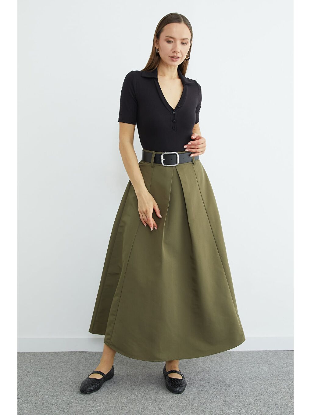 Yeşil Kemerli Pileli Maxi Boy Etek-3