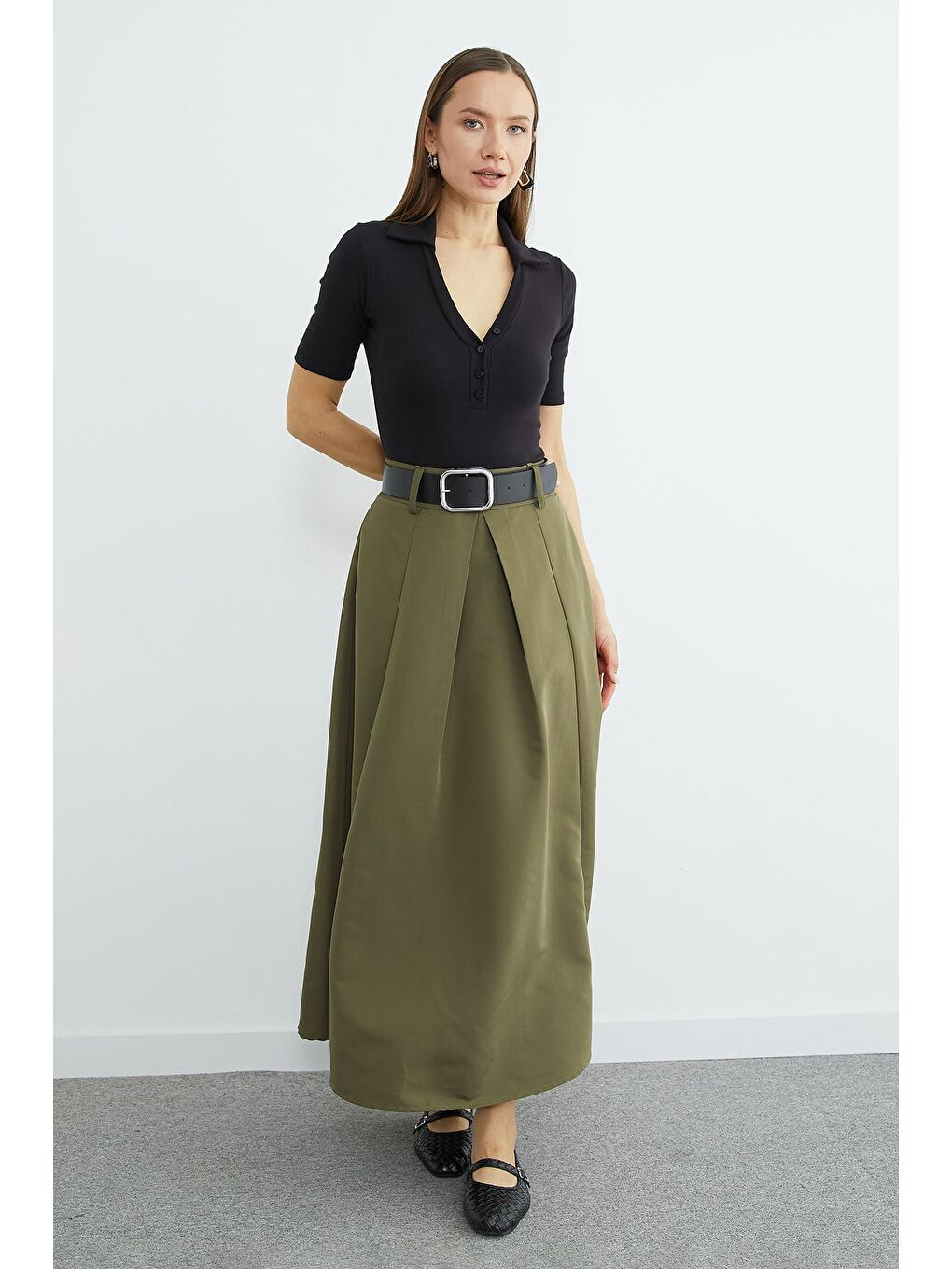 Yeşil Kemerli Pileli Maxi Boy Etek-4