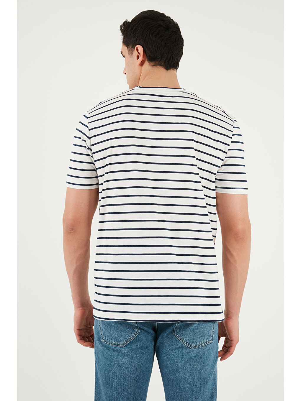 İndigo Pamuklu Çizgili Cep Detaylı Bisiklet Yaka T Shirt 5904057-5