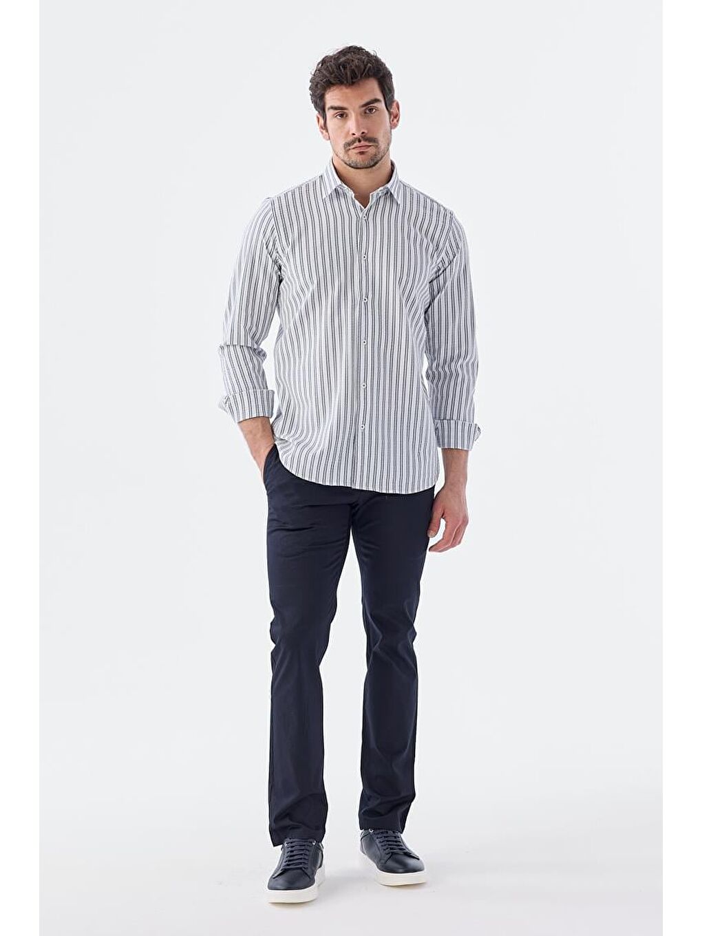 Koyu Lacivert Comfort Fit Desenli Esnek Kumaş Pamuklu Spor Gömlek-1