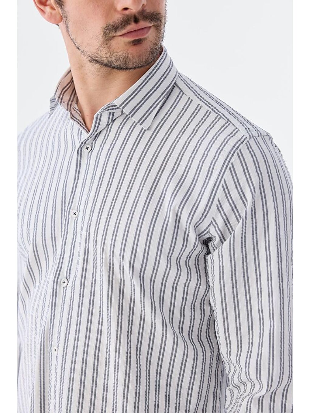 Koyu Lacivert Comfort Fit Desenli Esnek Kumaş Pamuklu Spor Gömlek-2