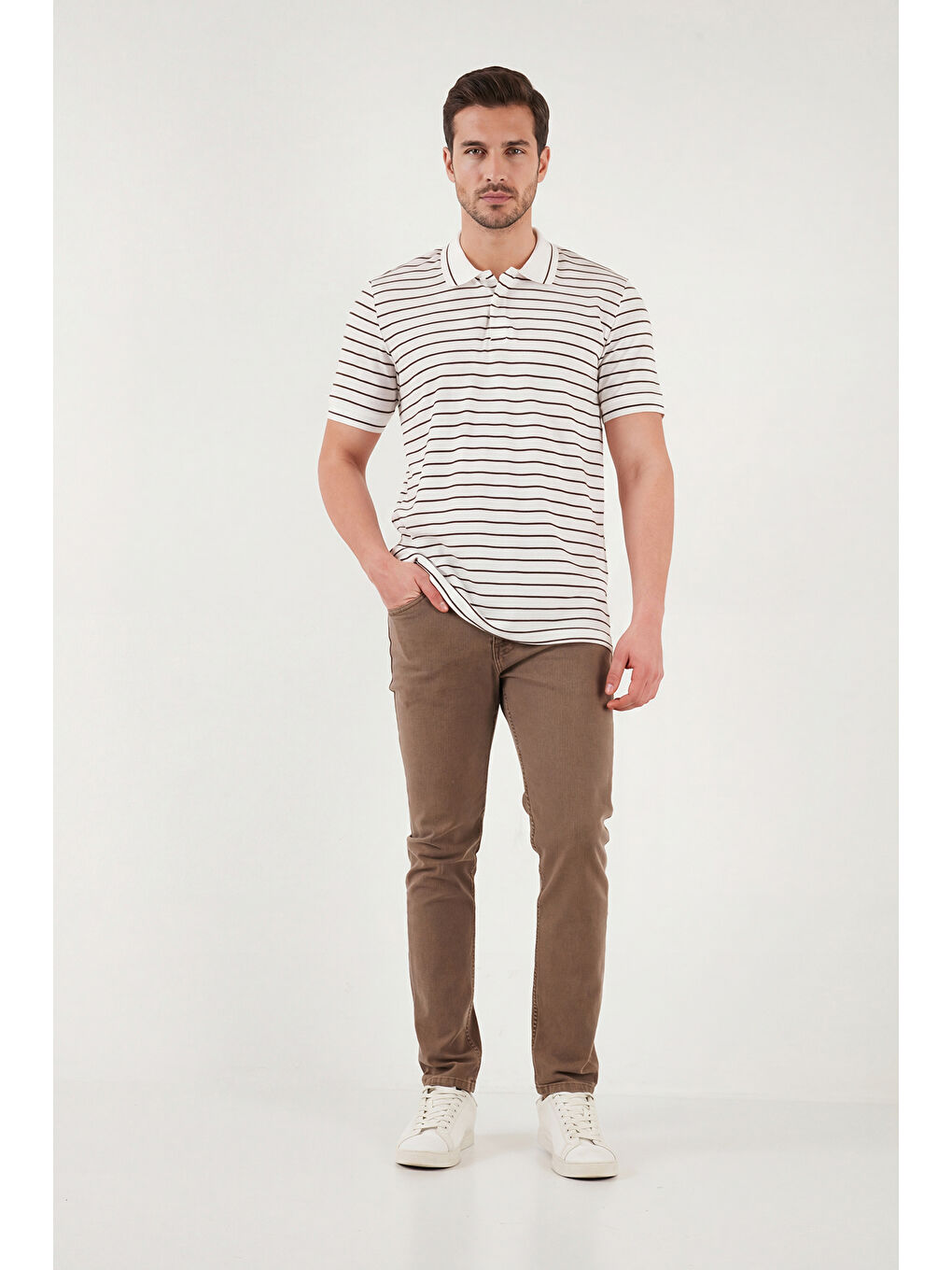 Kahverengi Çizgili Kısa Kollu Düğmeli Polo T Shirt 5904026-3