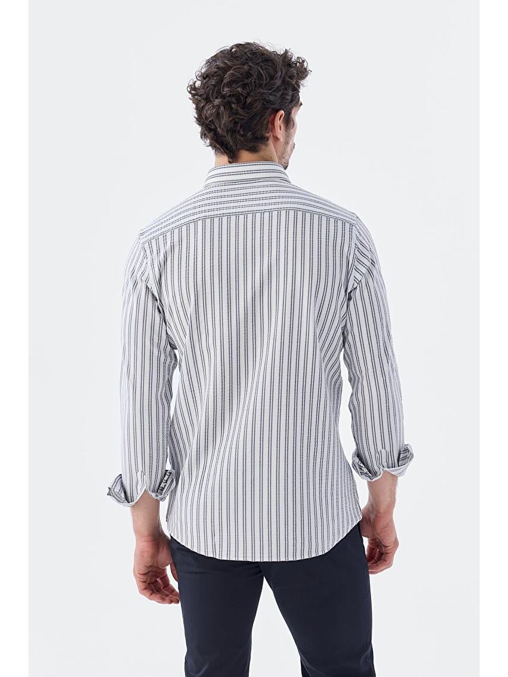 Koyu Lacivert Comfort Fit Desenli Esnek Kumaş Pamuklu Spor Gömlek-3