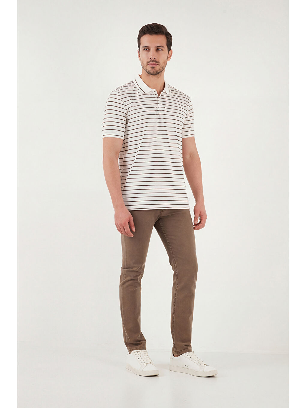 Kahverengi Çizgili Kısa Kollu Düğmeli Polo T Shirt 5904026-4