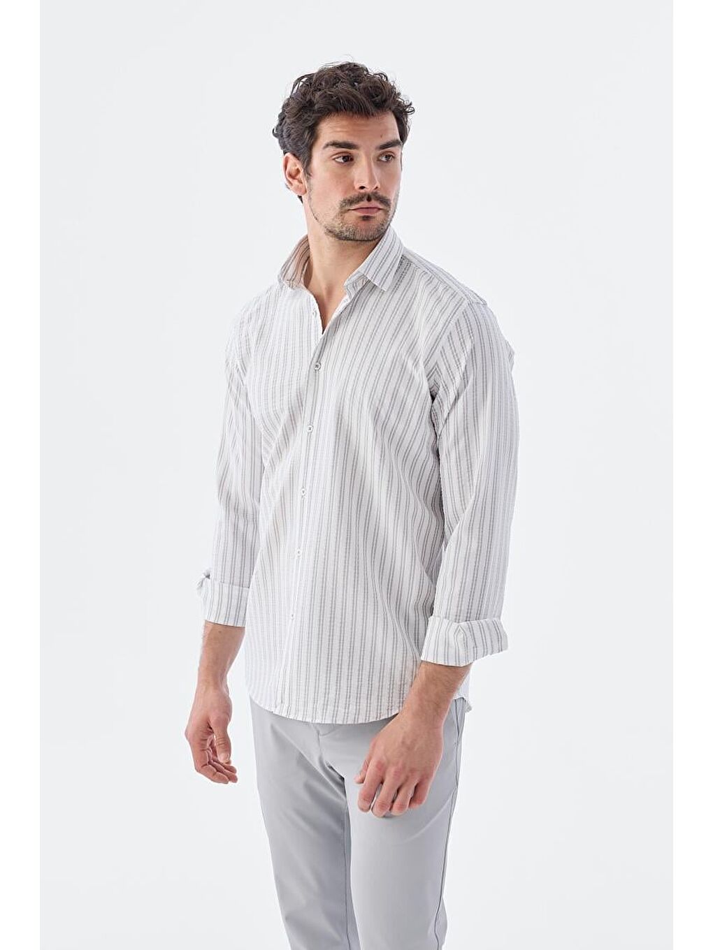 Gri Comfort Fit Desenli Esnek Kumaş Pamuklu Spor Gömlek