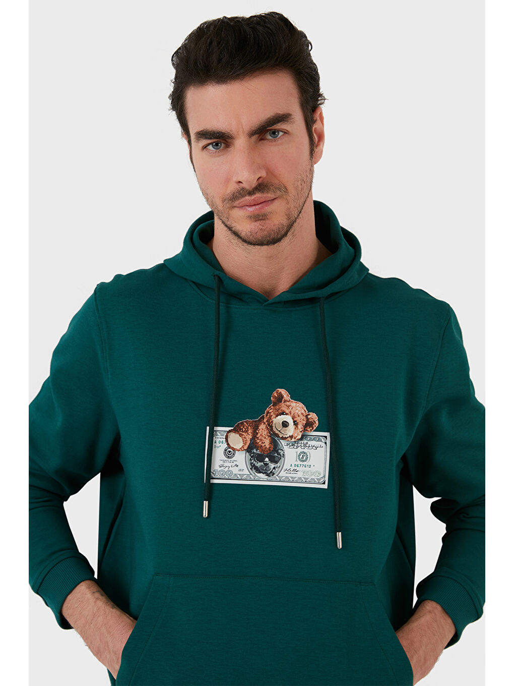 Petrol Pamuklu Regular Fit Baskılı Kanguru Cepli Kapüşonlu Sweat 6141004B-1