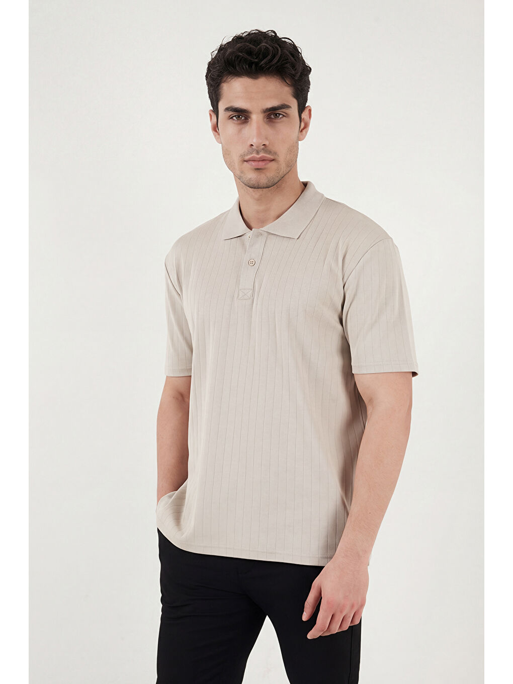 Bej Pamuklu Kısa Kollu Düğmeli Polo T Shirt 5904051-1