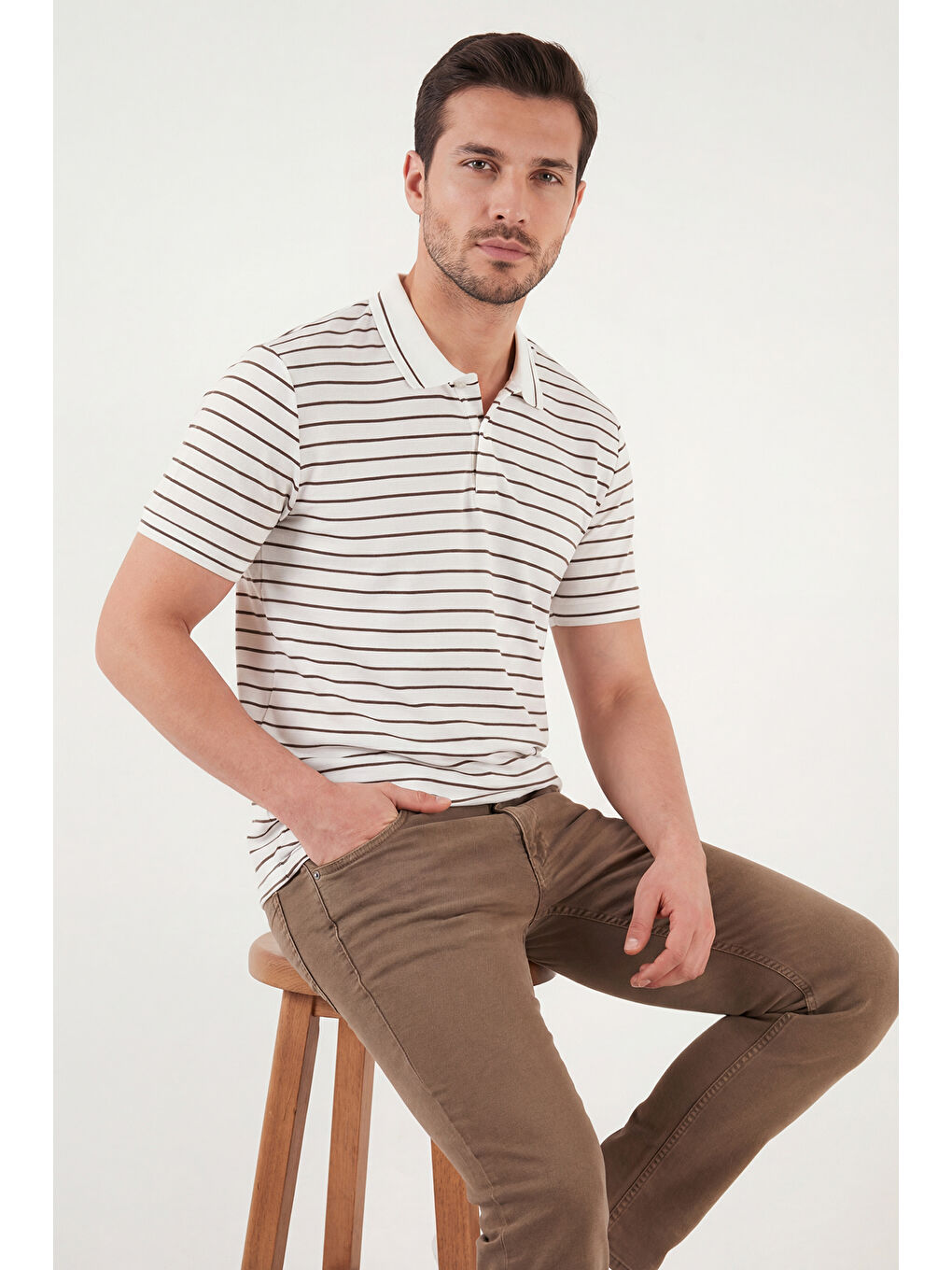 Kahverengi Çizgili Kısa Kollu Düğmeli Polo T Shirt 5904026-5