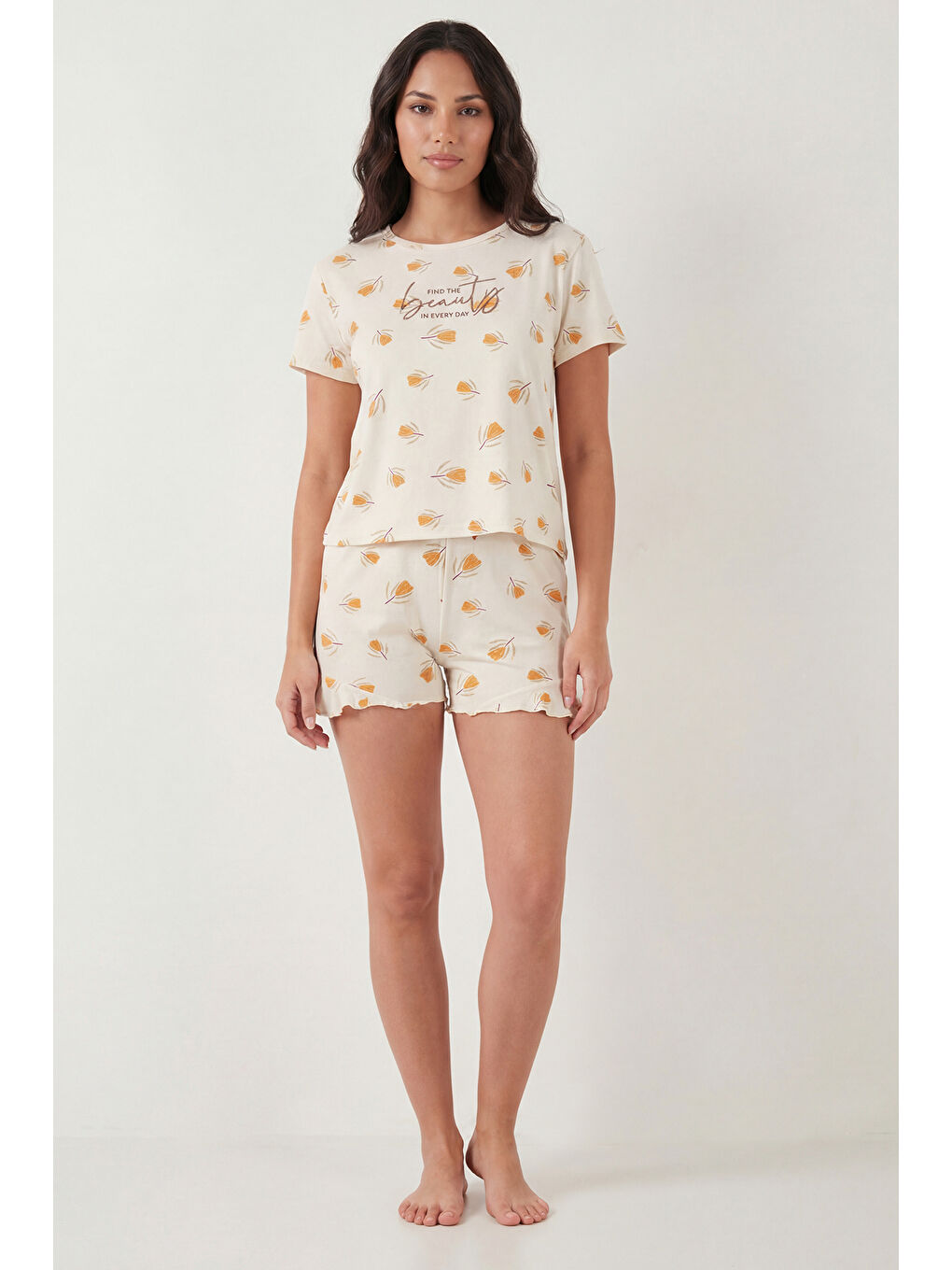 Sarı Desenli Bambu Karışımlı Regular Fit Şortlu Pijama Takımı 6097715-1