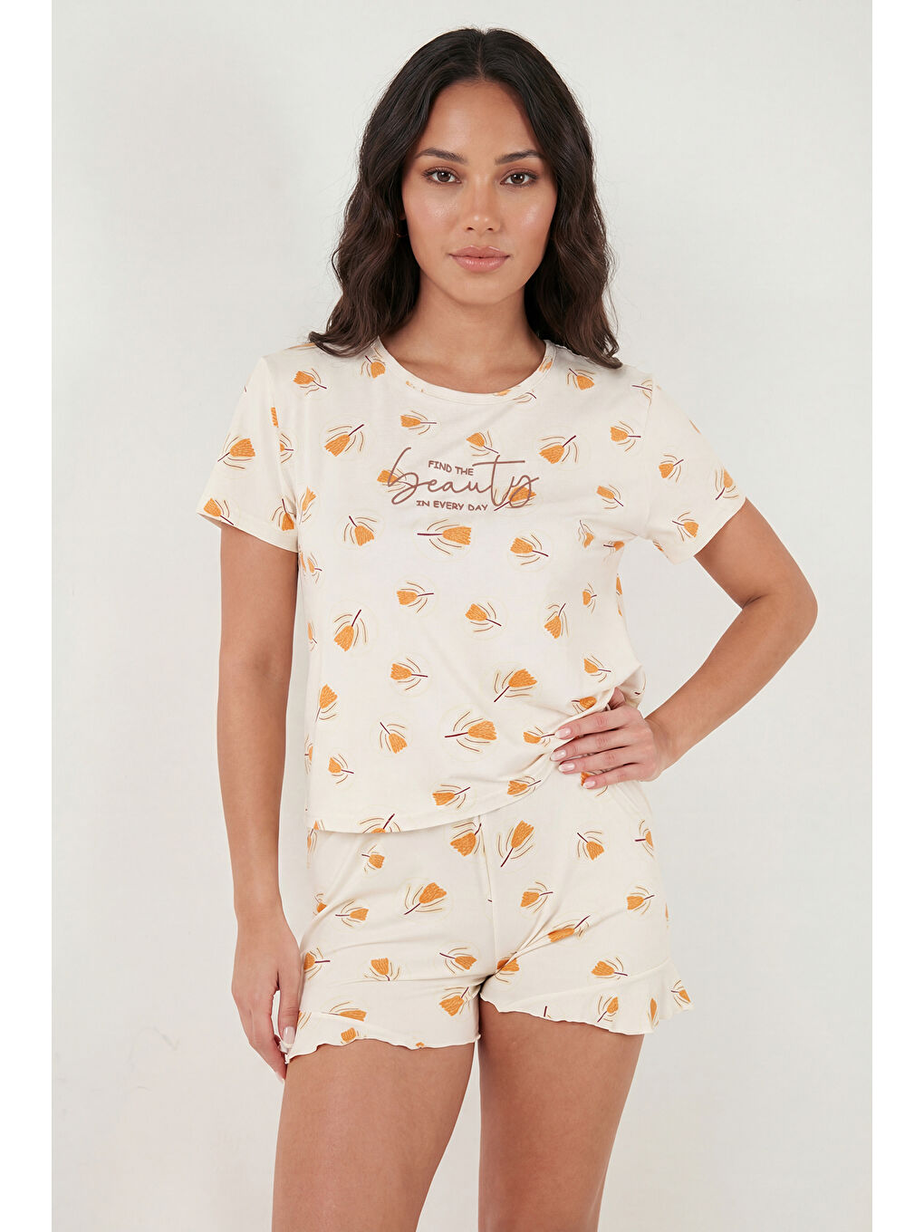 Sarı Desenli Bambu Karışımlı Regular Fit Şortlu Pijama Takımı 6097715-3