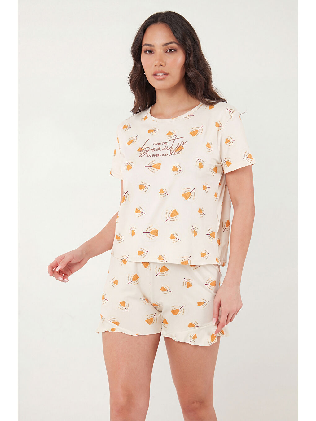 Sarı Desenli Bambu Karışımlı Regular Fit Şortlu Pijama Takımı 6097715-4