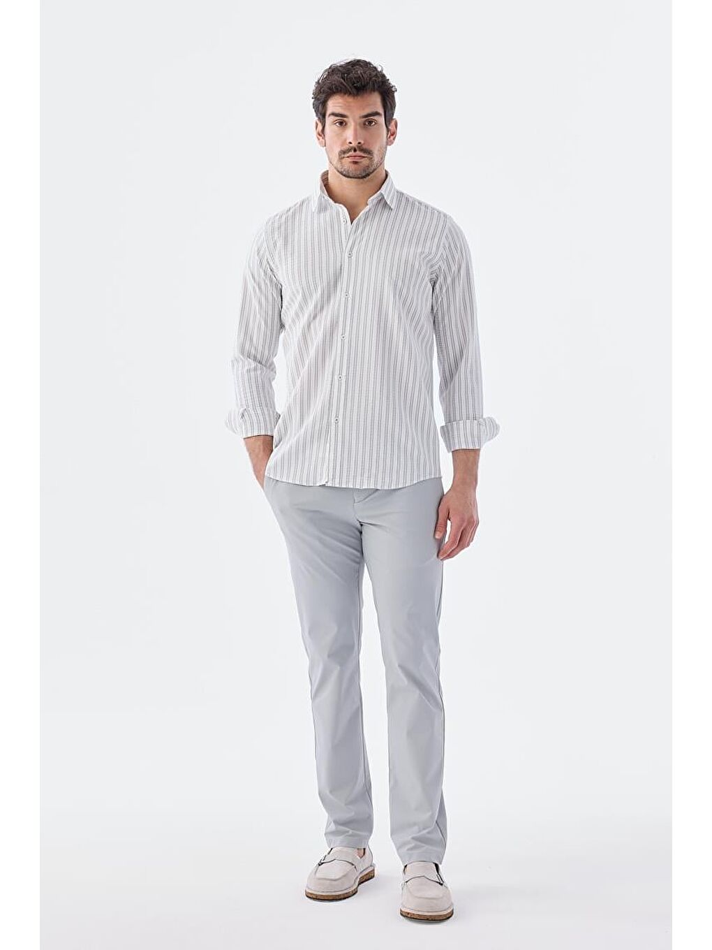 Gri Comfort Fit Desenli Esnek Kumaş Pamuklu Spor Gömlek-1