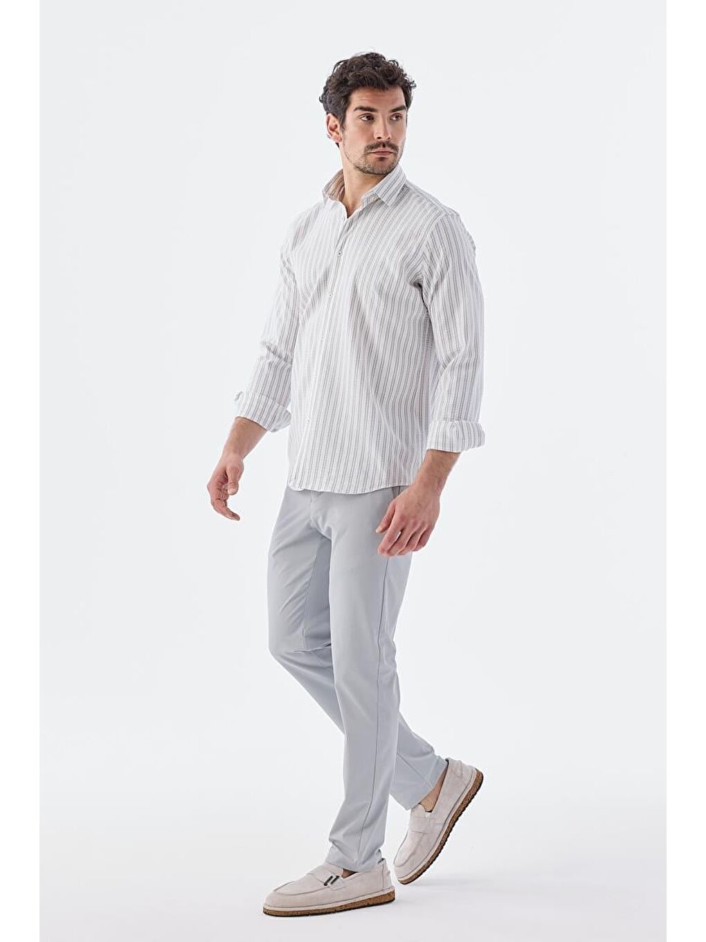 Gri Comfort Fit Desenli Esnek Kumaş Pamuklu Spor Gömlek-2