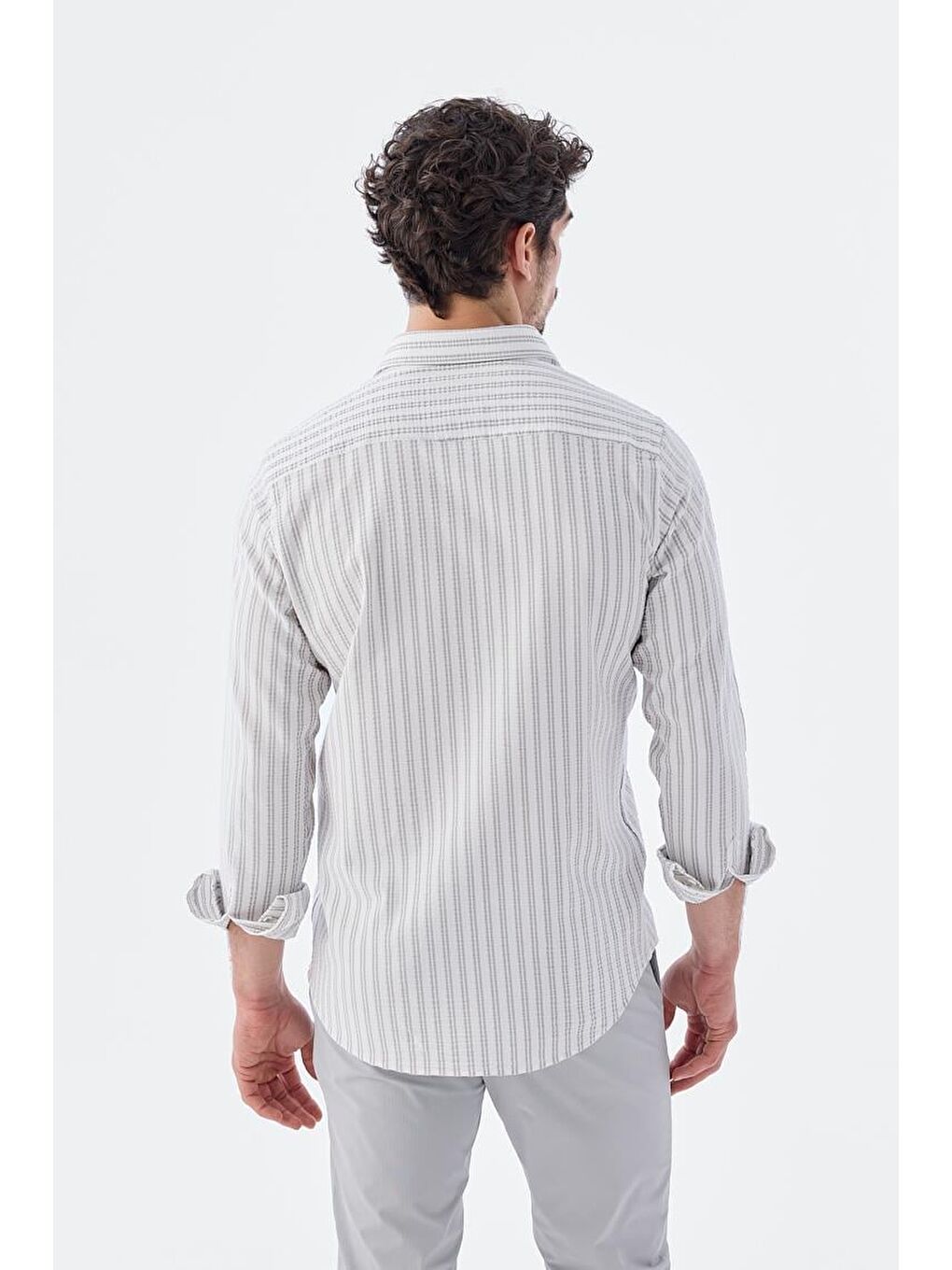 Gri Comfort Fit Desenli Esnek Kumaş Pamuklu Spor Gömlek-3