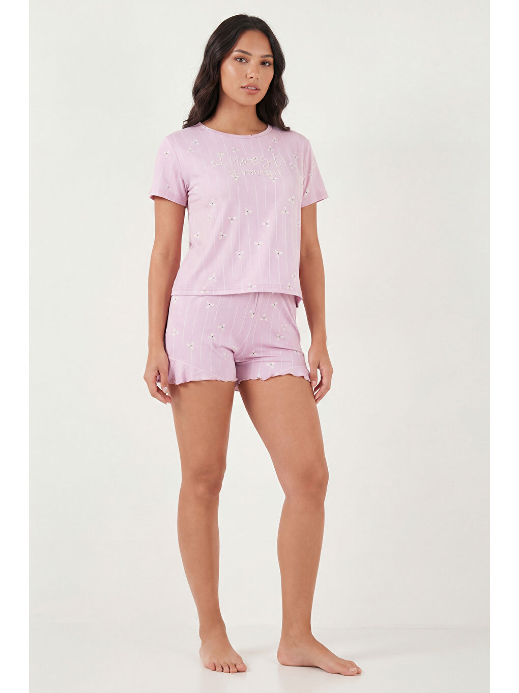 Lila Desenli Bambu Karışımlı Regular Fit Şortlu Pijama Takımı 6097715-1