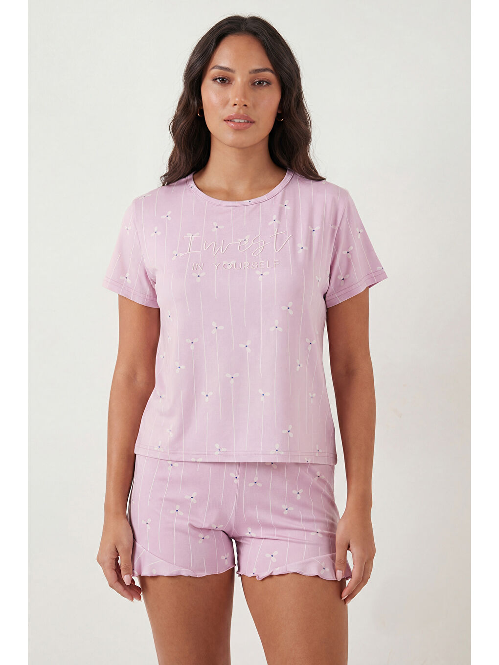 Lila Desenli Bambu Karışımlı Regular Fit Şortlu Pijama Takımı 6097715-2