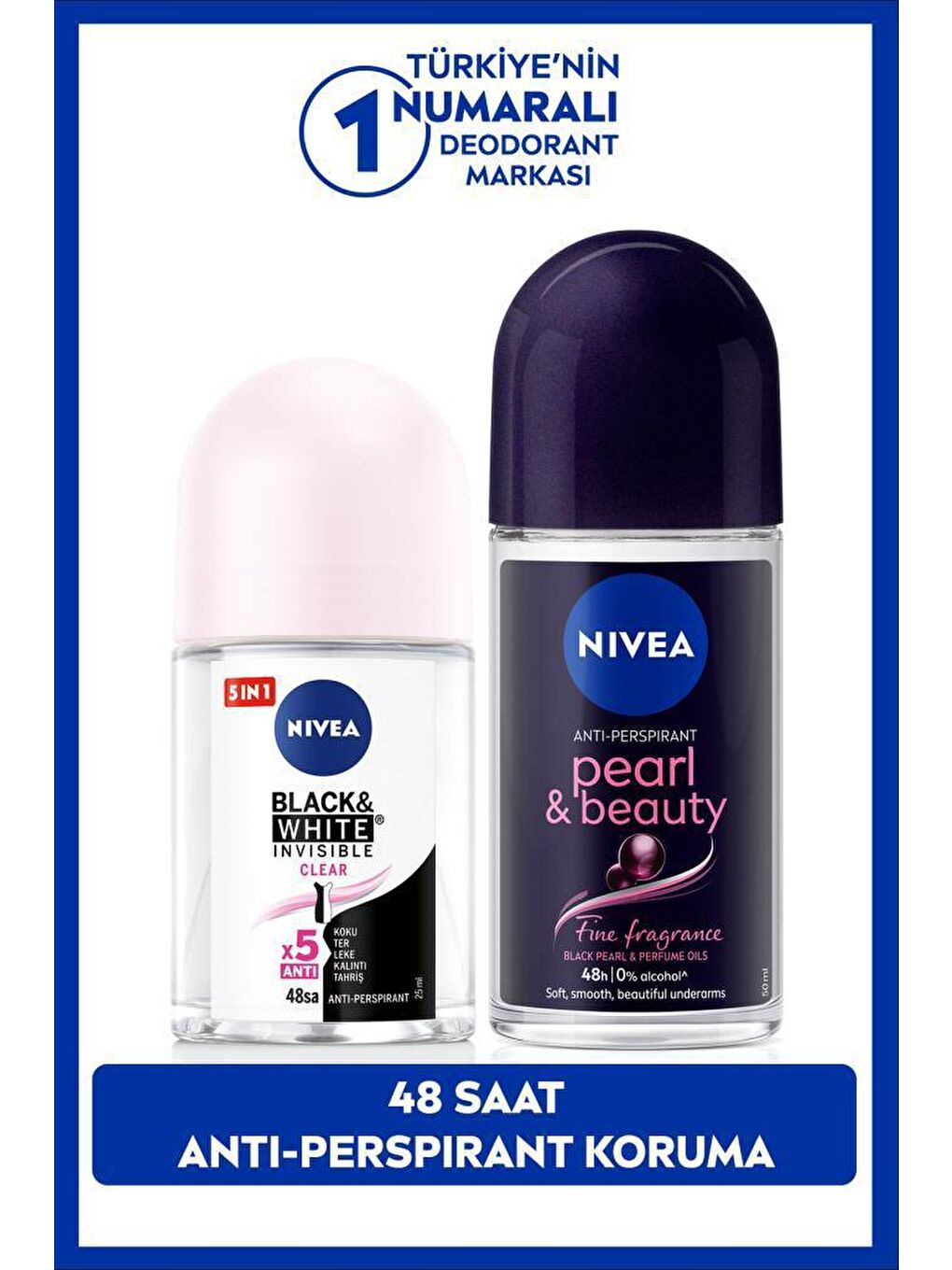 NIVEA Şeffaf KADIN Roll-on Deodorant Pearl&Beauty 50ml ve Mini Roll-on Black&White 25ml, Bakımlı Koltuk Altı