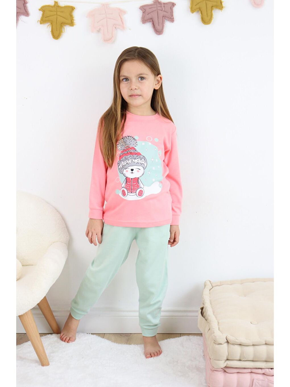 Harika KIDS Pembe-Mavi Kız Çocuk Interlok Kumaş Orta Kalınlıkta Pamuklu Pijama Takımı - 1