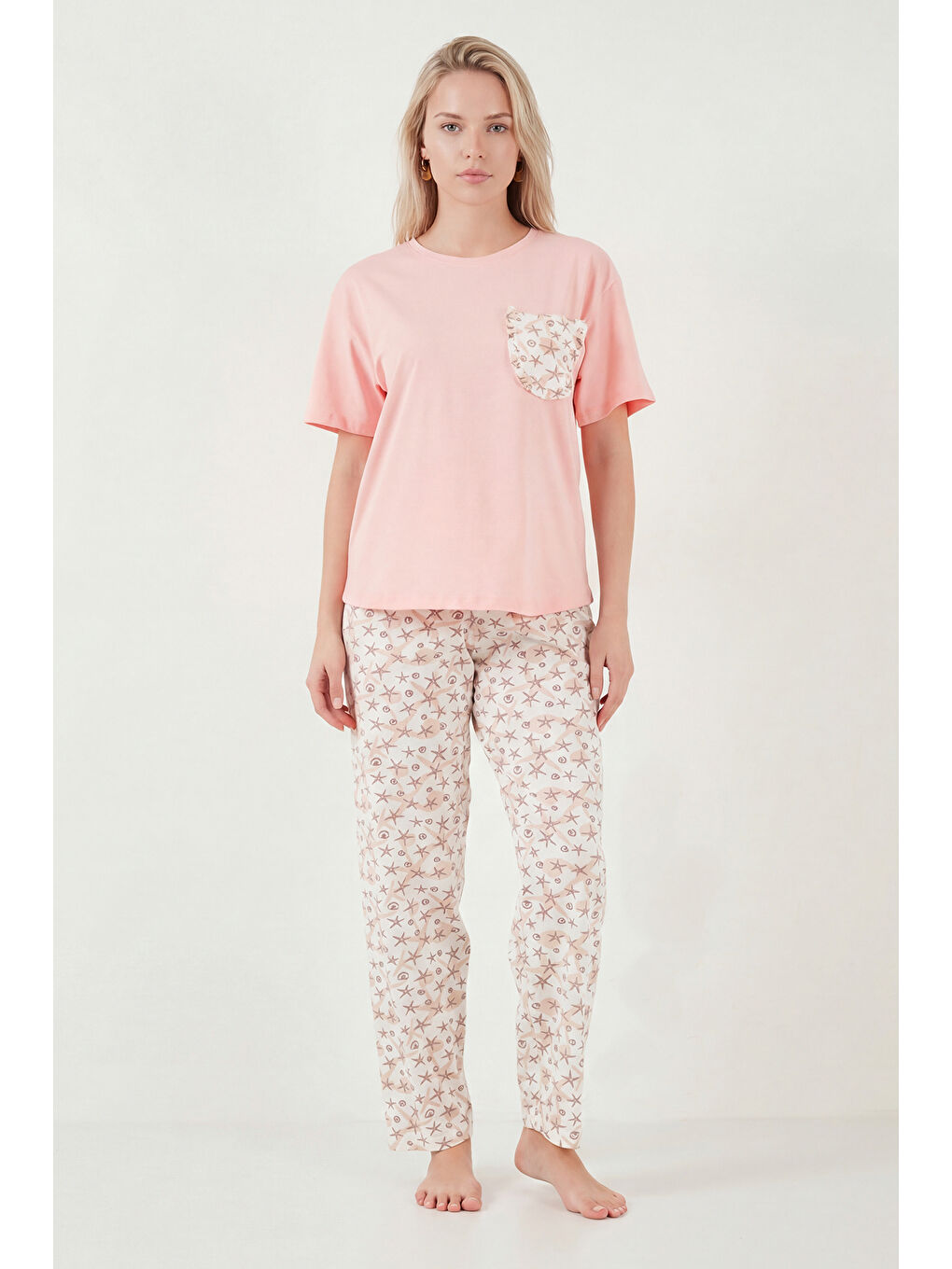 Pembe Pamuklu Regular Fit Bisiklet Yaka Cep Detaylı Pijama Takımı 6091325-1