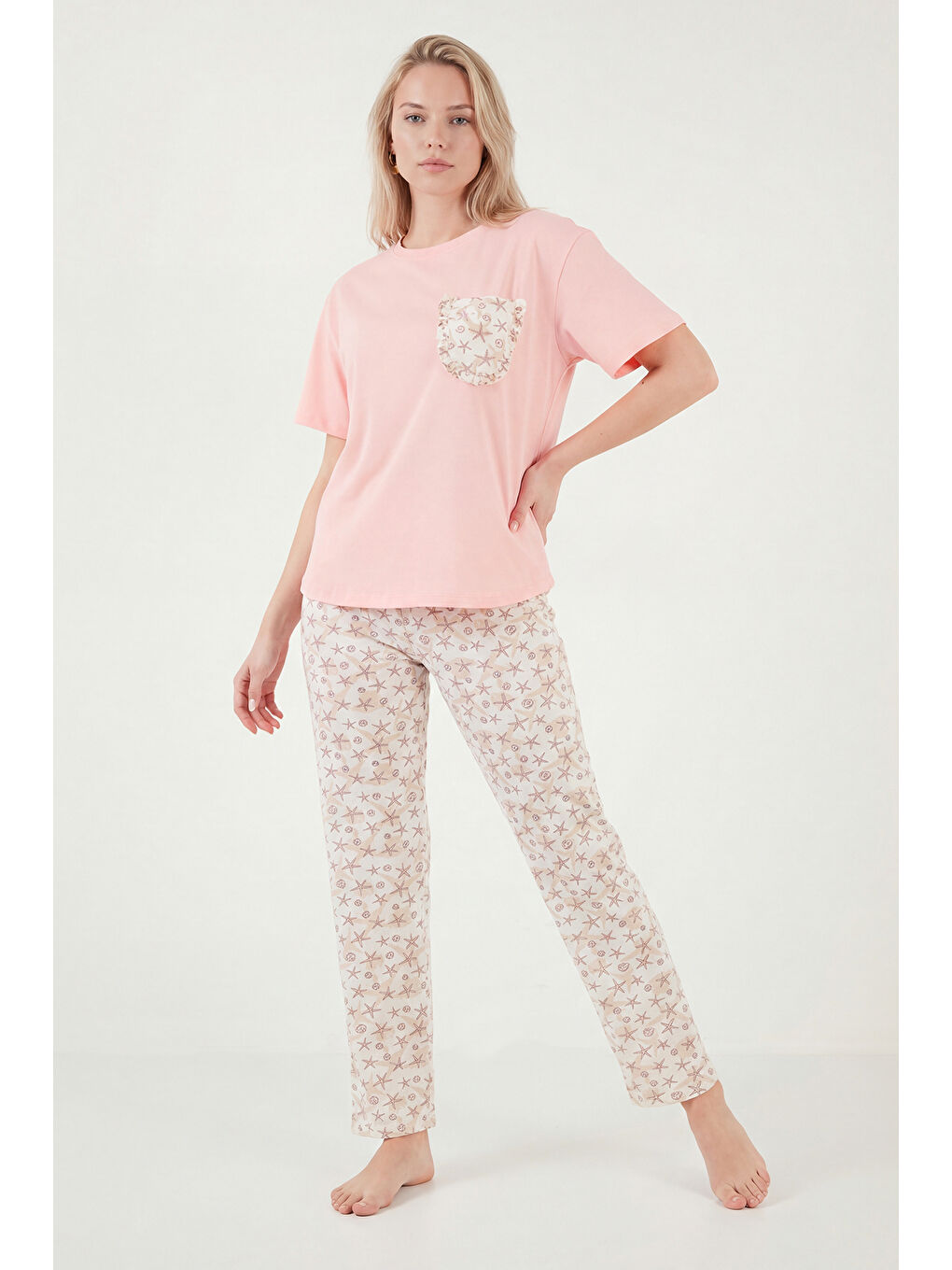 Pembe Pamuklu Regular Fit Bisiklet Yaka Cep Detaylı Pijama Takımı 6091325-2