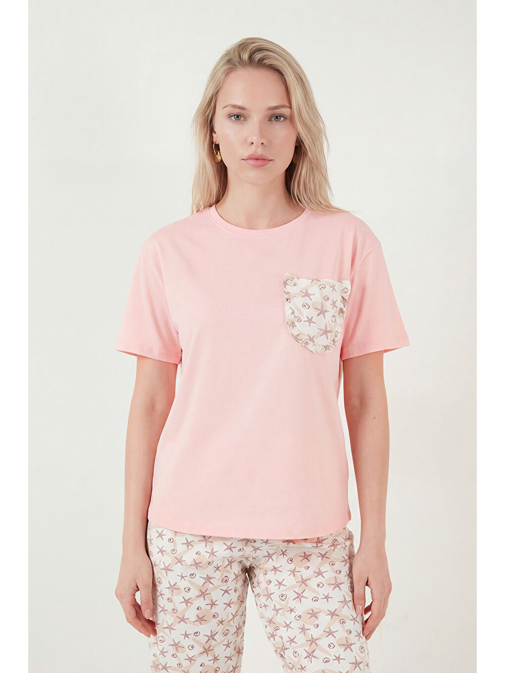 Pembe Pamuklu Regular Fit Bisiklet Yaka Cep Detaylı Pijama Takımı 6091325-3