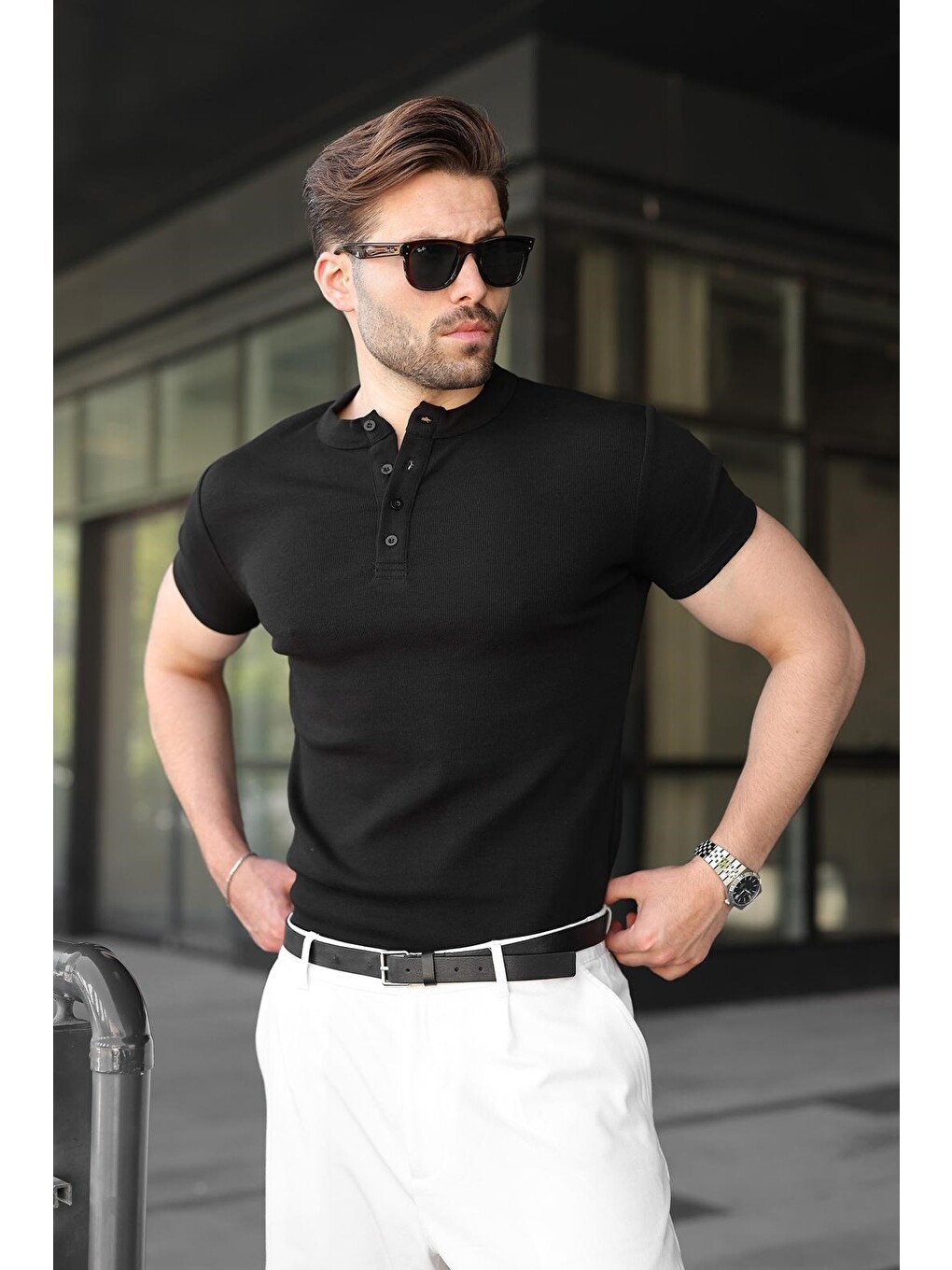Siyah Slim Fit Hakim Yaka Triko Erkek Tişört E7189-1