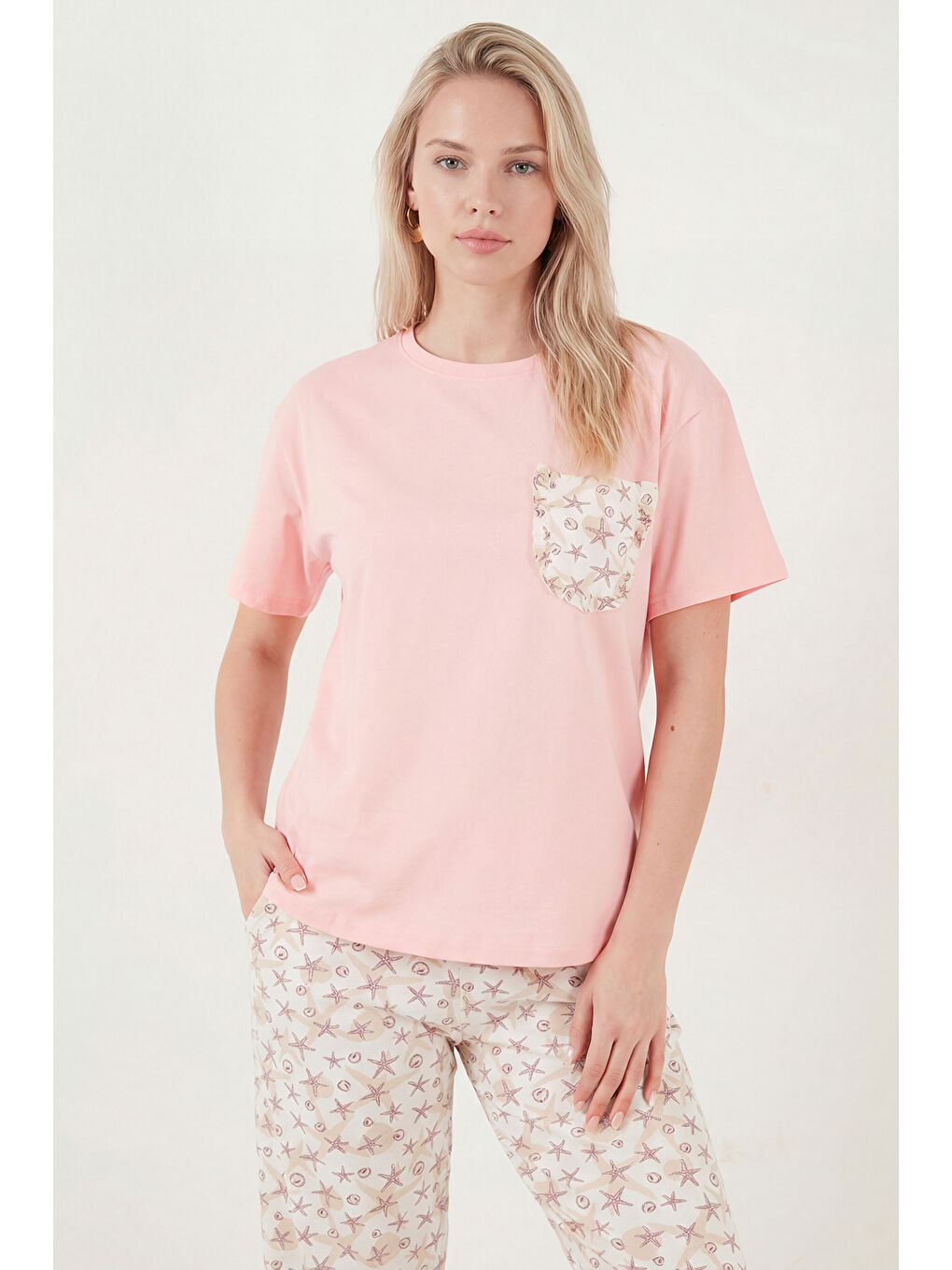 Pembe Pamuklu Regular Fit Bisiklet Yaka Cep Detaylı Pijama Takımı 6091325-4