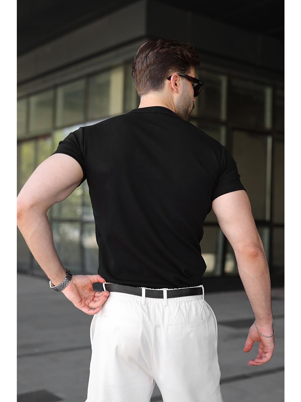 Siyah Slim Fit Hakim Yaka Triko Erkek Tişört E7189-3