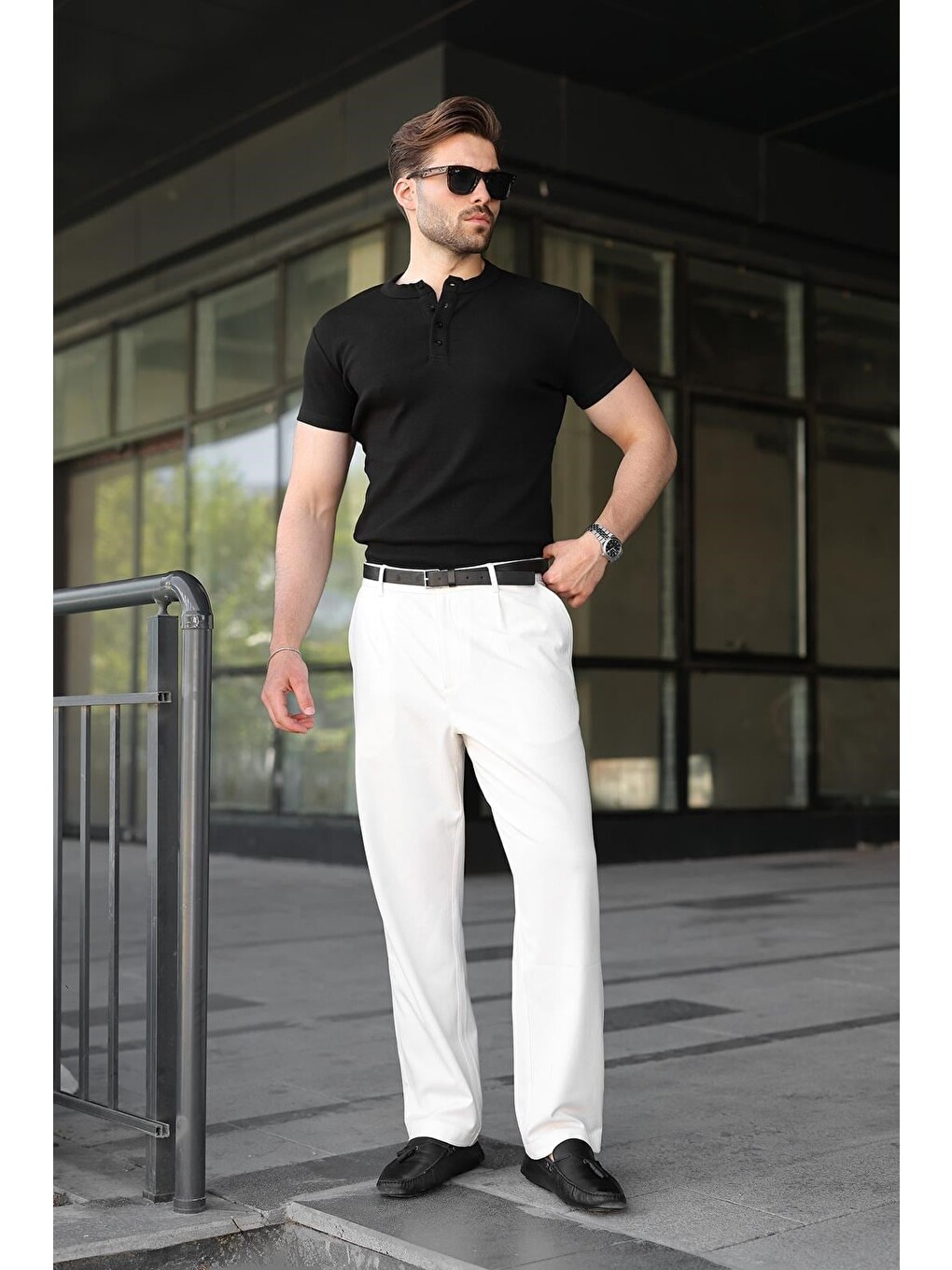 Siyah Slim Fit Hakim Yaka Triko Erkek Tişört E7189-4