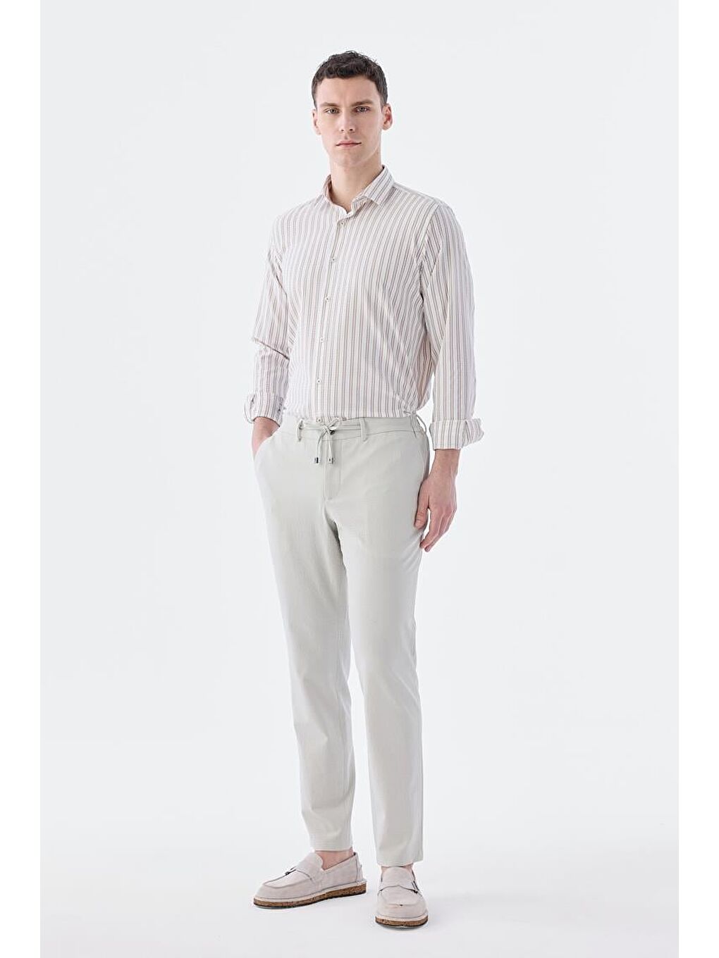 Kahverengi Kahve Comfort Fit Desenli Esnek Kumaş Pamuklu Spor Gömlek-1