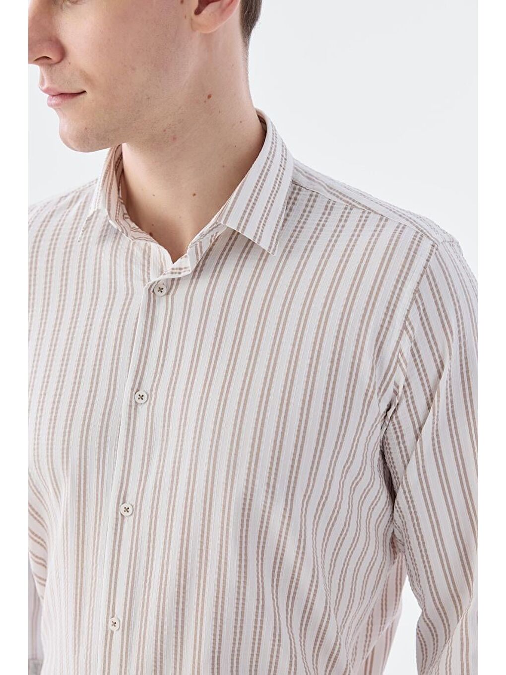 Kahverengi Kahve Comfort Fit Desenli Esnek Kumaş Pamuklu Spor Gömlek-2