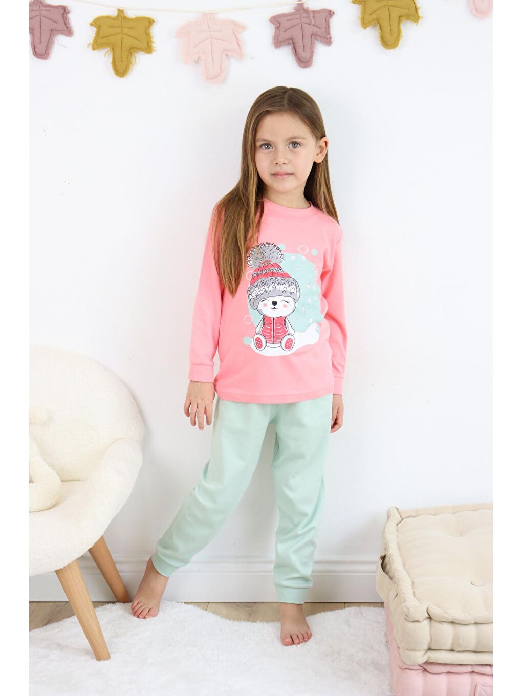 Harika KIDS Pembe-Mavi Kız Çocuk Interlok Kumaş Orta Kalınlıkta Pamuklu Pijama Takımı - 3