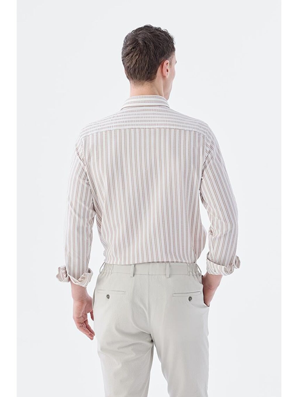 Kahverengi Kahve Comfort Fit Desenli Esnek Kumaş Pamuklu Spor Gömlek-3