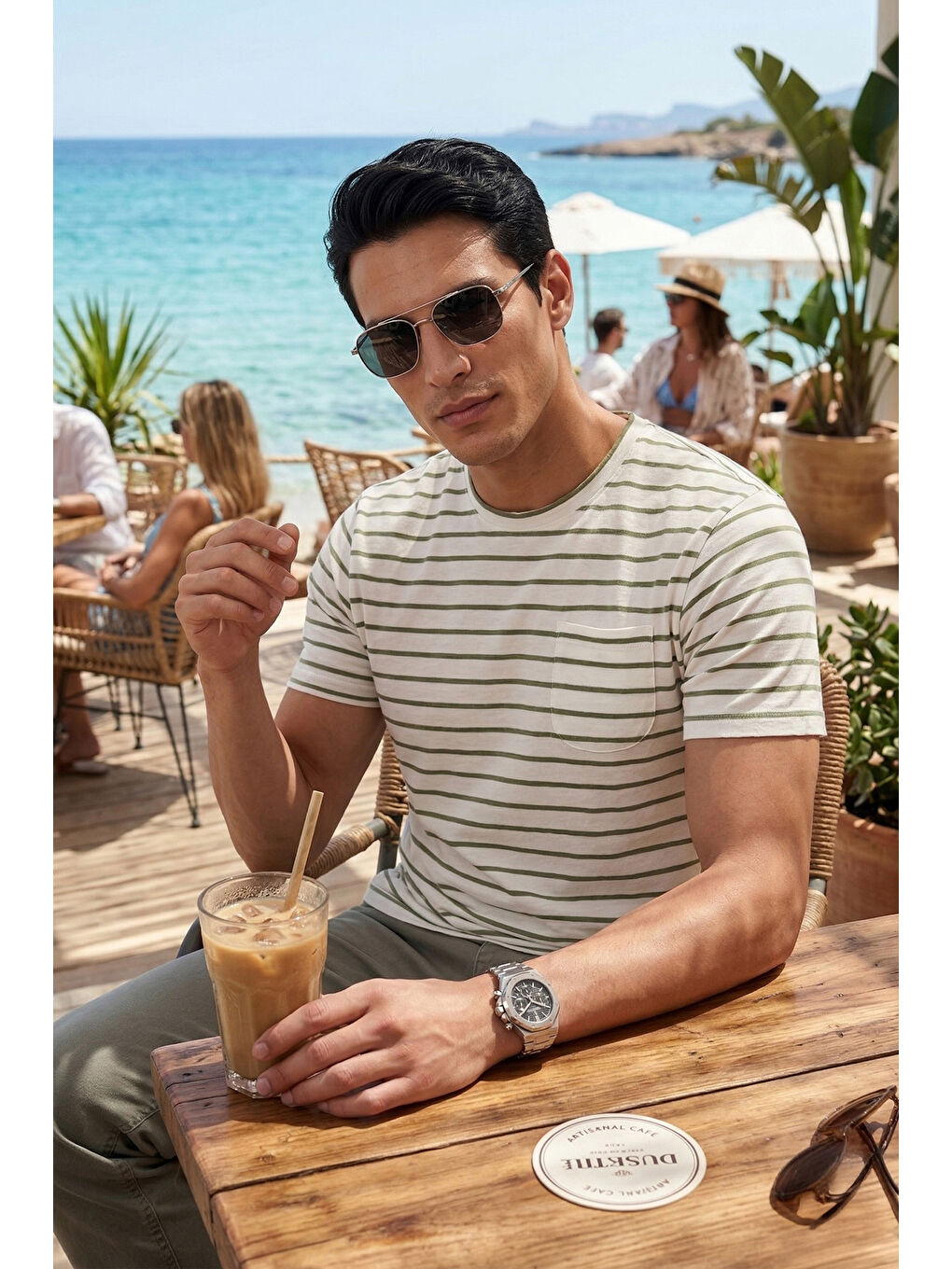 Yeşil Pamuklu Çizgili Cep Detaylı Bisiklet Yaka T Shirt 5904057