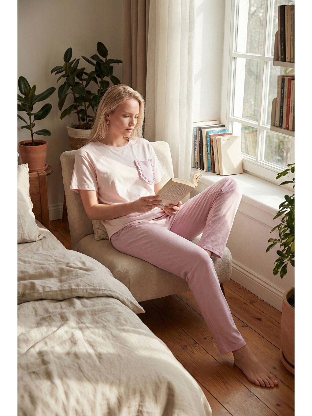 Lila Pamuklu Regular Fit Bisiklet Yaka Cep Detaylı Pijama Takımı 6091325-1