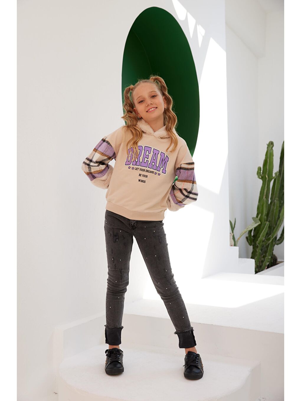 Little Star Karışık Kız Çocuk Let's Your Dreams Kolu Kürklü Ekose SweatShirt - 1