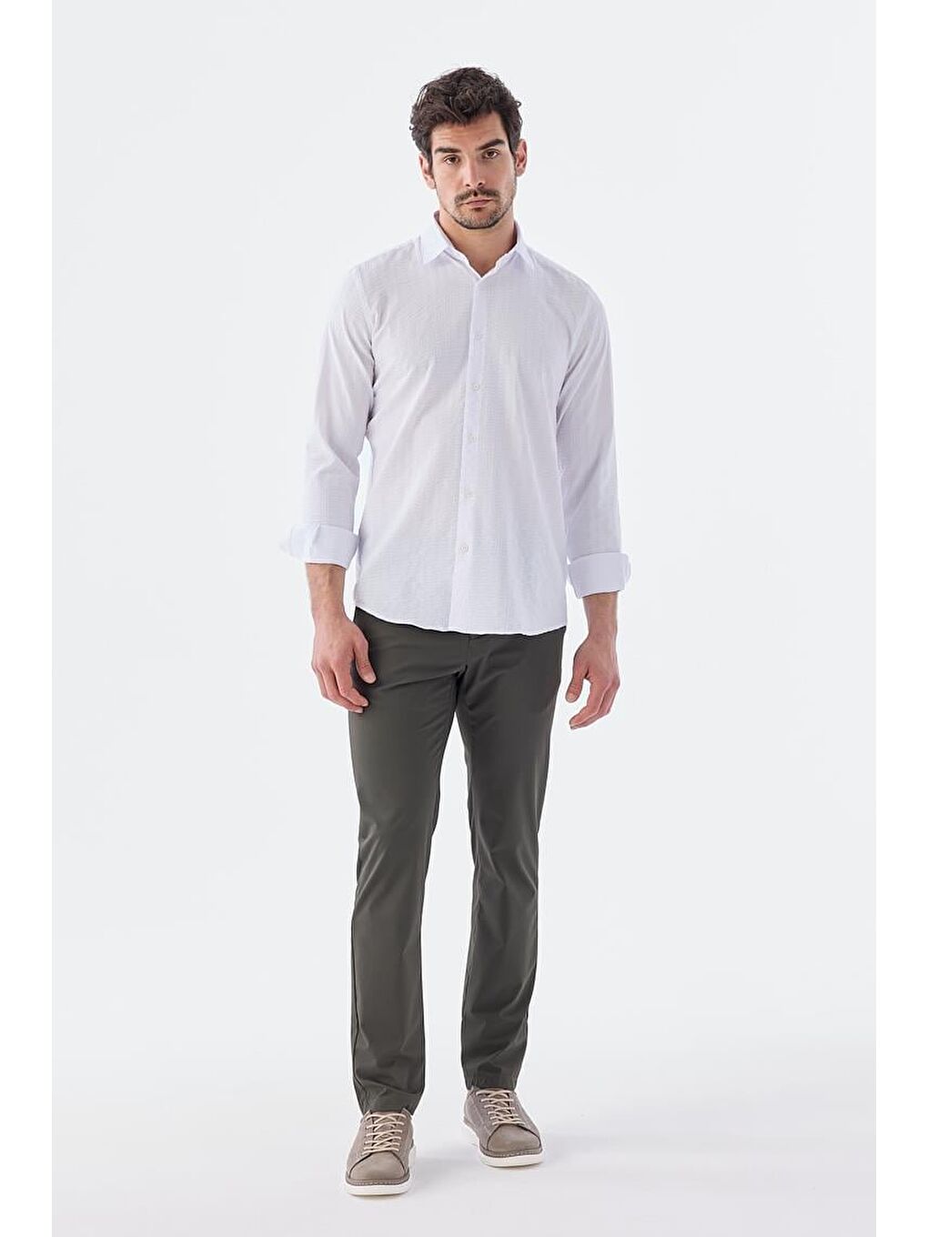 Beyaz Comfort Fit Desenli Esnek Kumaş Pamuklu Spor Gömlek-1