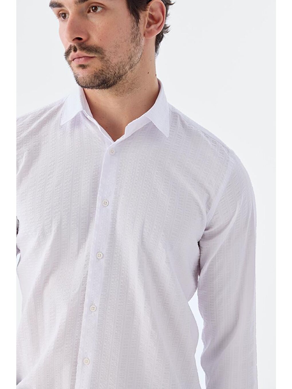 Beyaz Comfort Fit Desenli Esnek Kumaş Pamuklu Spor Gömlek-2