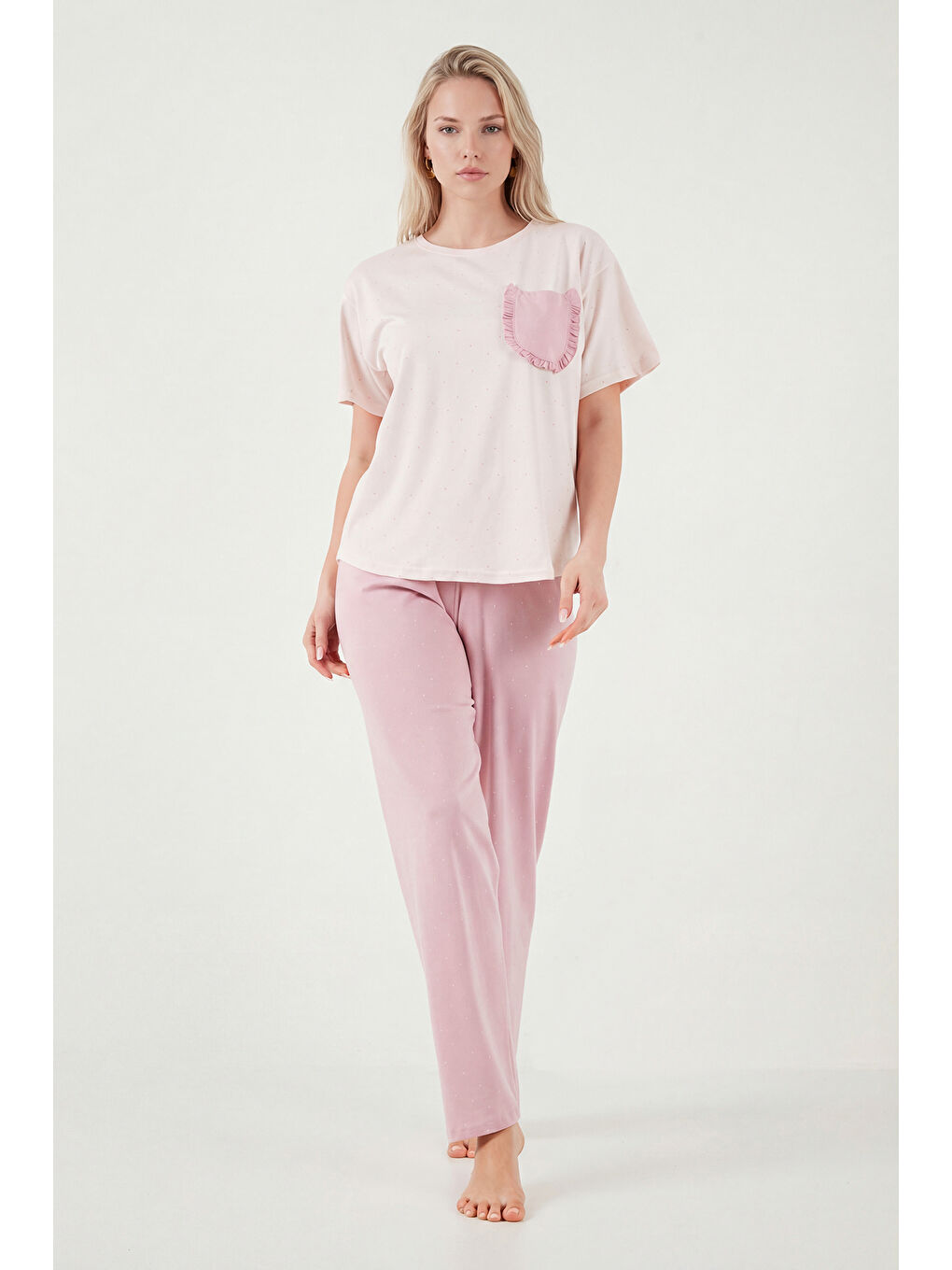 Lila Pamuklu Regular Fit Bisiklet Yaka Cep Detaylı Pijama Takımı 6091325-2