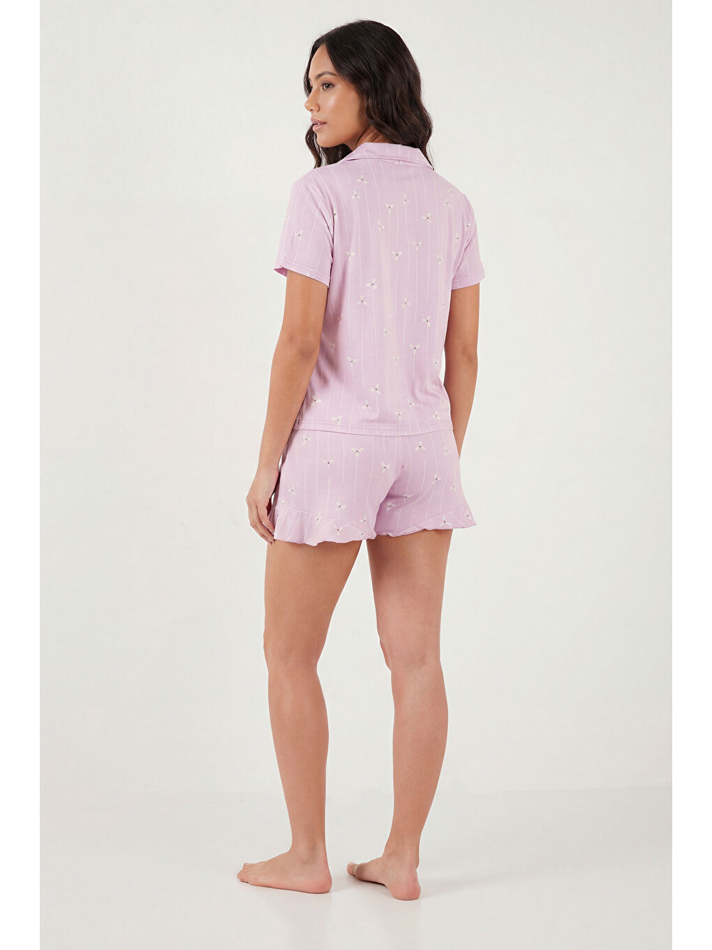 Lila Desenli Bambu Karışımlı Regular Fit Şortlu Pijama Takımı 6097715-5