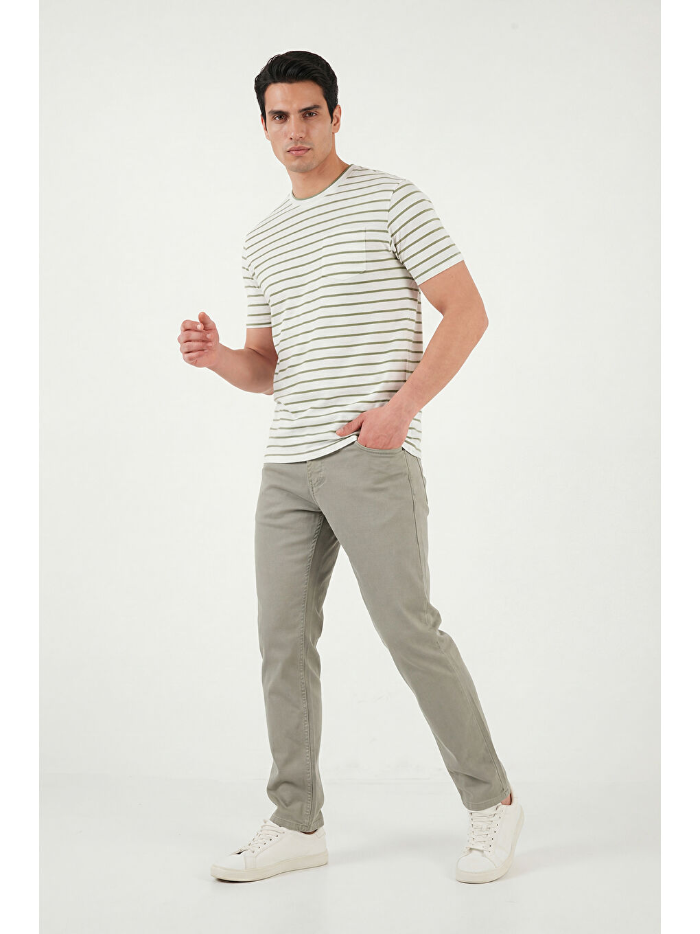 Yeşil Pamuklu Çizgili Cep Detaylı Bisiklet Yaka T Shirt 5904057-2