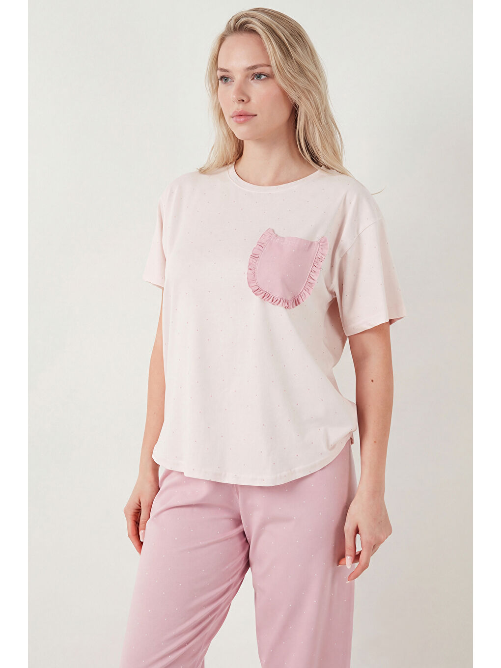 Lila Pamuklu Regular Fit Bisiklet Yaka Cep Detaylı Pijama Takımı 6091325-3