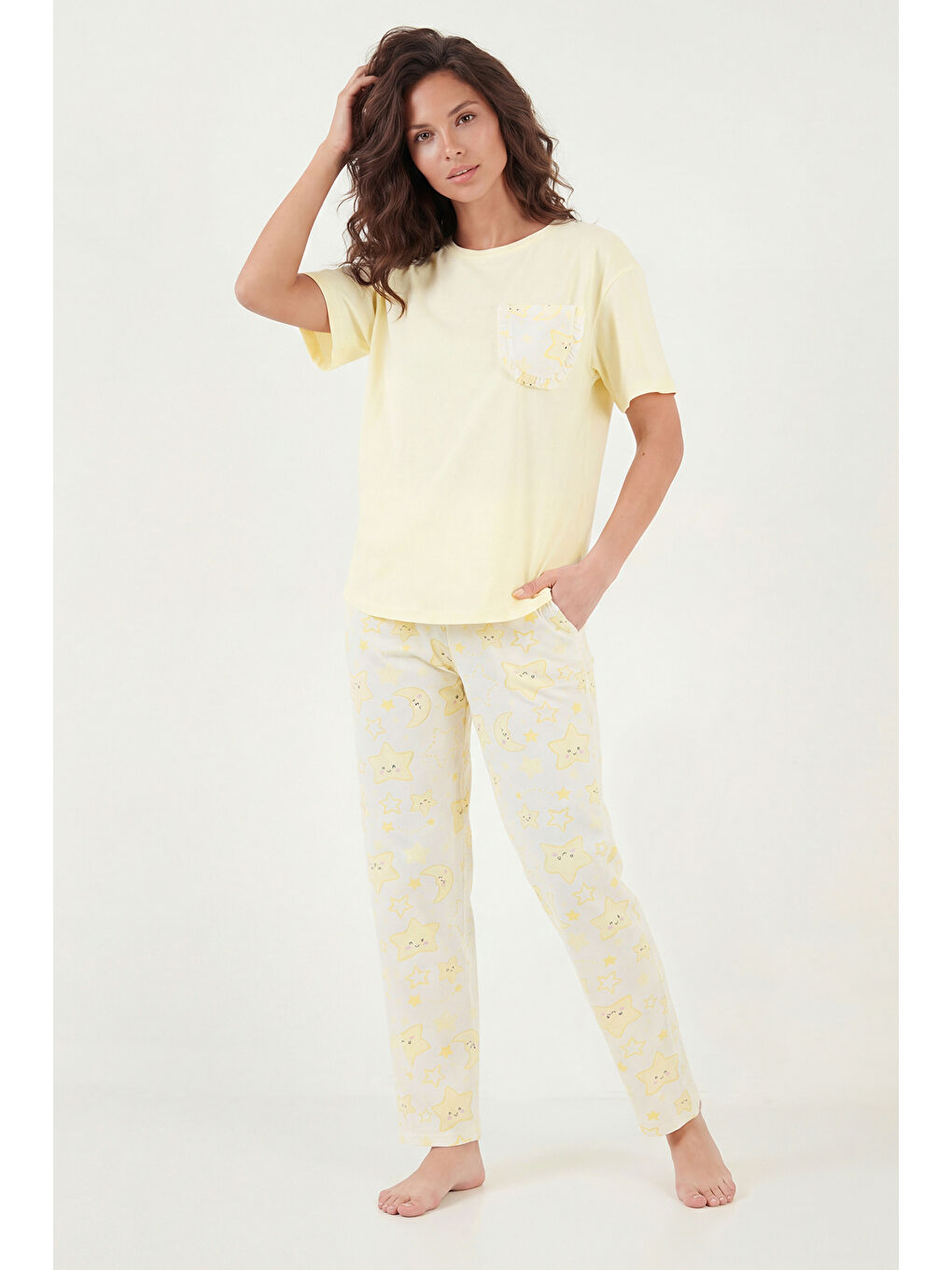 Sarı Pamuklu Regular Fit Bisiklet Yaka Cep Detaylı Pijama Takımı 6091325-3