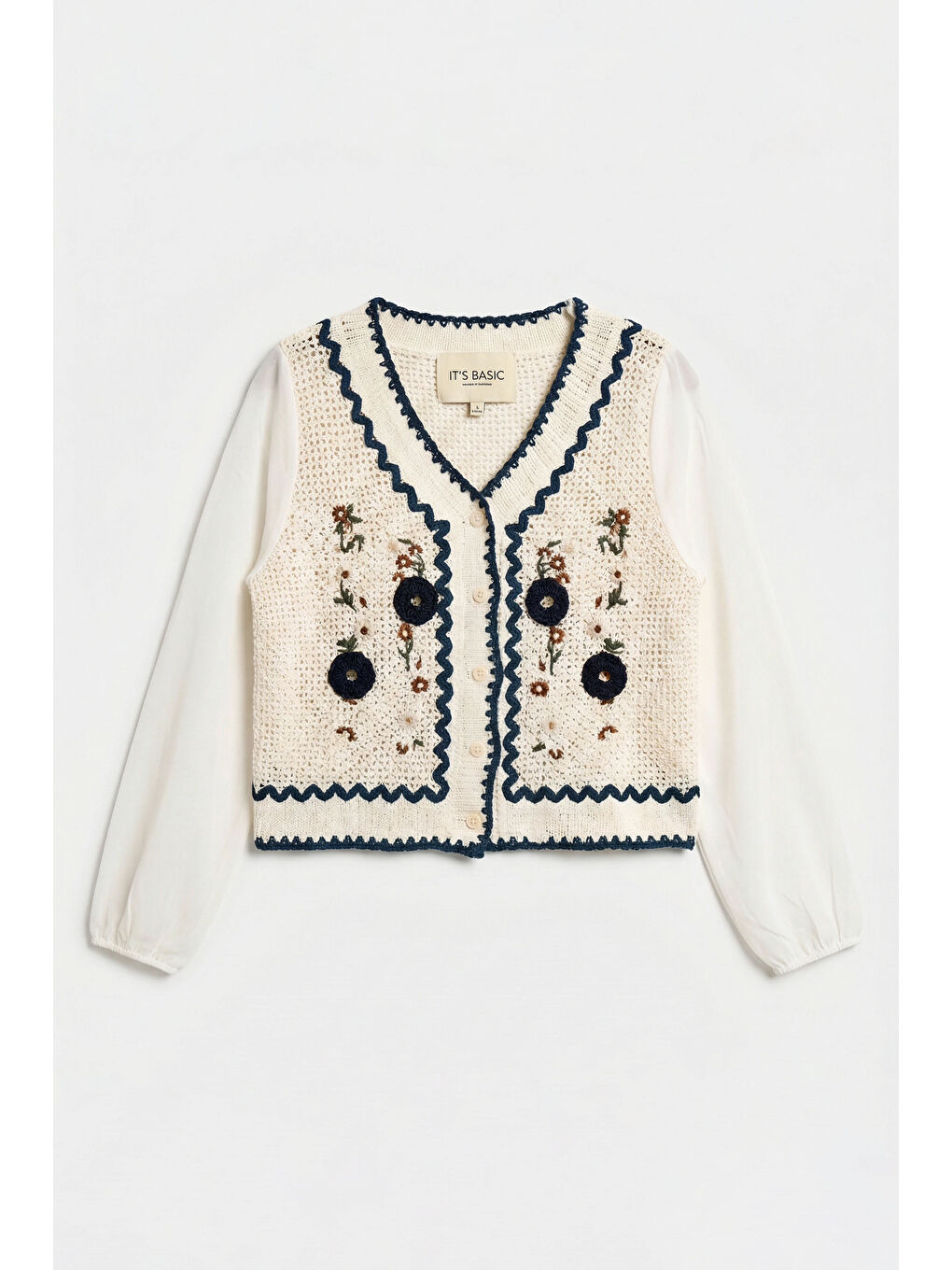 Kadın Ekru Etnik Şifon Kollu Etnik Örgülü Tasarım Bluz-1