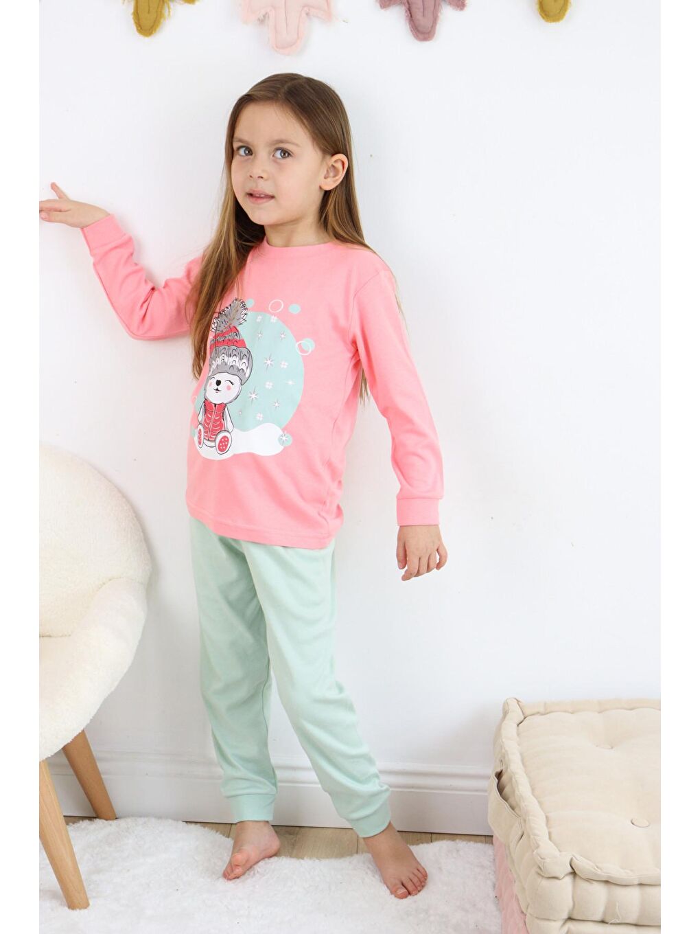 Harika KIDS Pembe-Mavi Kız Çocuk Interlok Kumaş Orta Kalınlıkta Pamuklu Pijama Takımı - 6