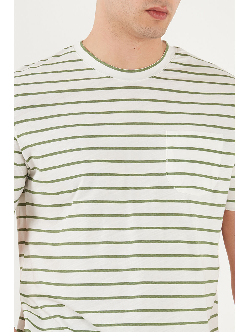 Yeşil Pamuklu Çizgili Cep Detaylı Bisiklet Yaka T Shirt 5904057-4