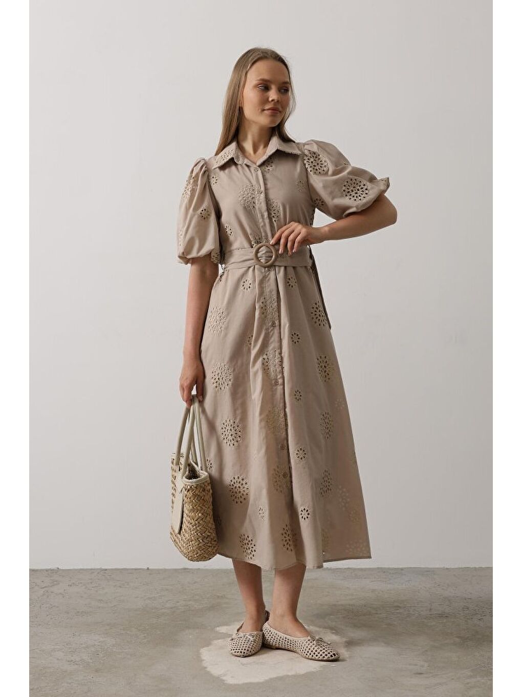 Sarı Balon Kol Kemerli Brode Elbise - Taş